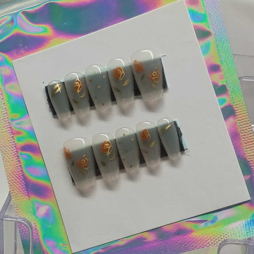 Gray and Gold Floral Press-On Nails